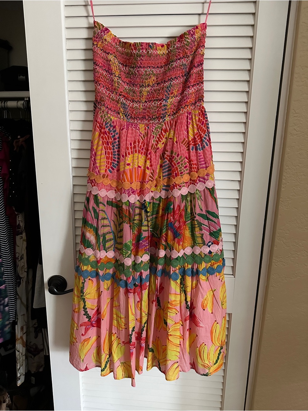 FARM Rio Pink Multicolor Tropical Strapless Midi Dress